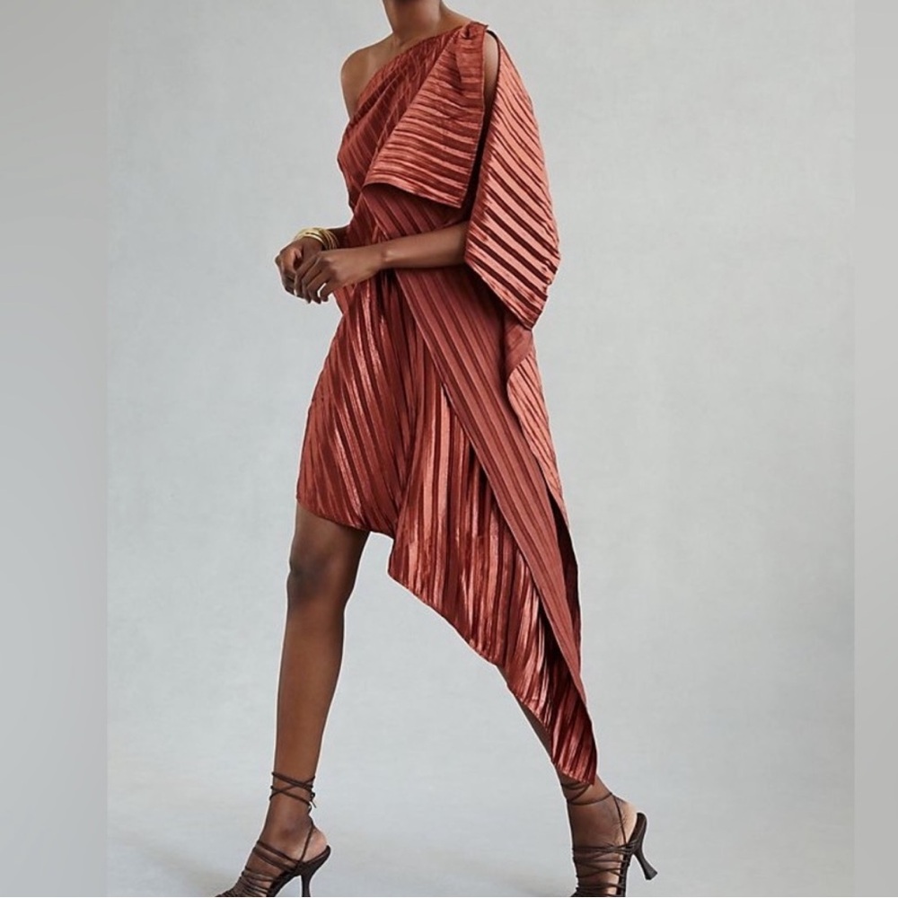 Anthropologie Guapa one-shoulder metallic pleated mini dress in bronze.